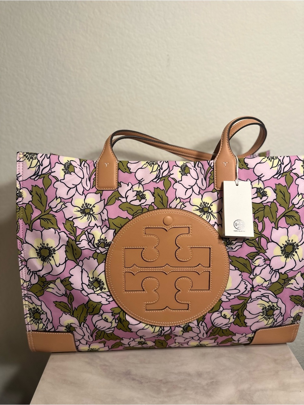 Tory Burch Pink Floral Canvas Large Tote with Tan Leather Trim